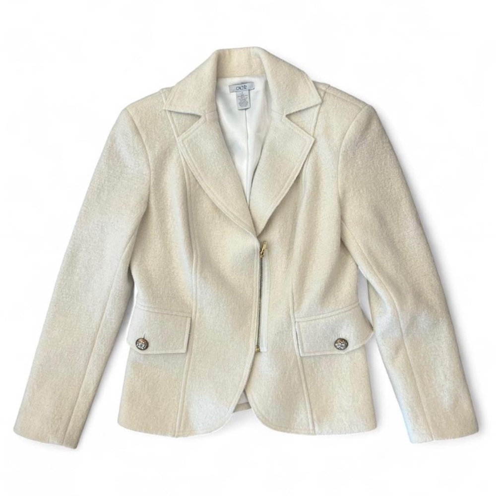 Cache Ivory Boiled Wool Zip Up Blazer Jacket with Seam Stitching Details Small